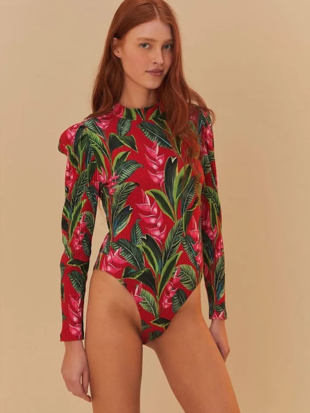 FARM Rio Red Tropical Leaf Long-Sleeve Bodysuit